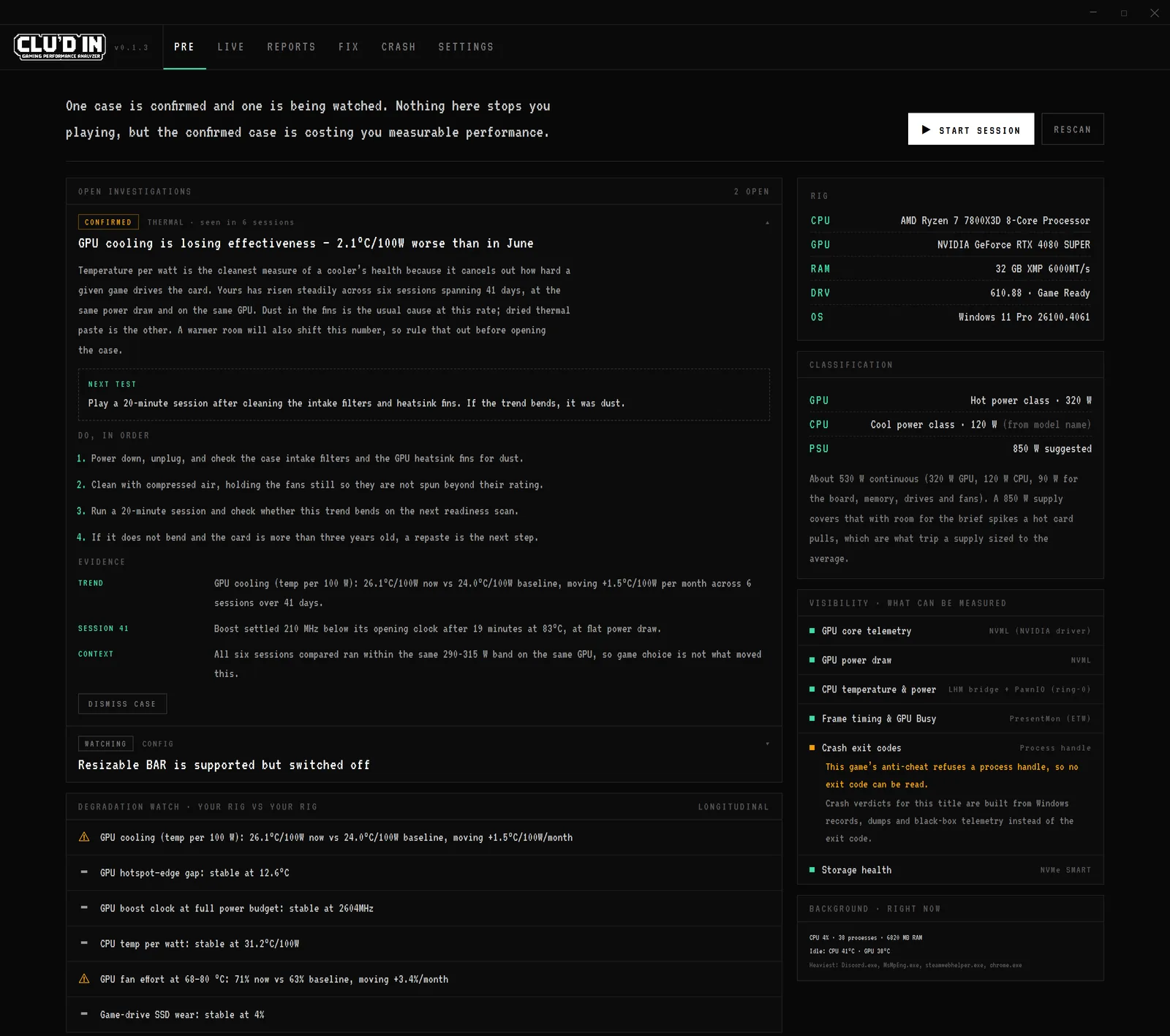 CLU'D IN readiness board: a pre-game verdict, an open investigation expanded to its evidence chain, the degradation watch and the sensor visibility panel