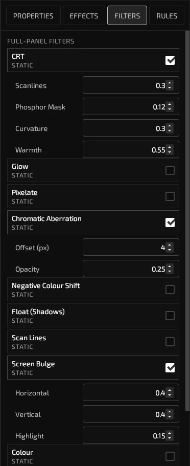 Full-panel filter stack: CRT, chromatic aberration and screen bulge with live parameters