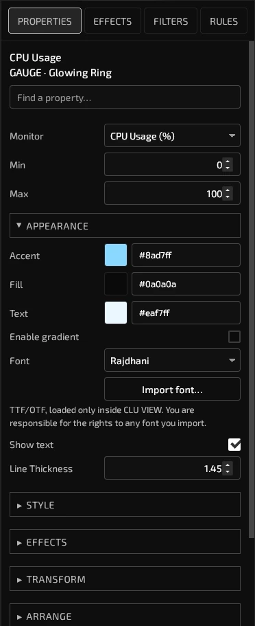 Properties panel with accent, fill, gradient, style, effects and transform controls for the selected widget