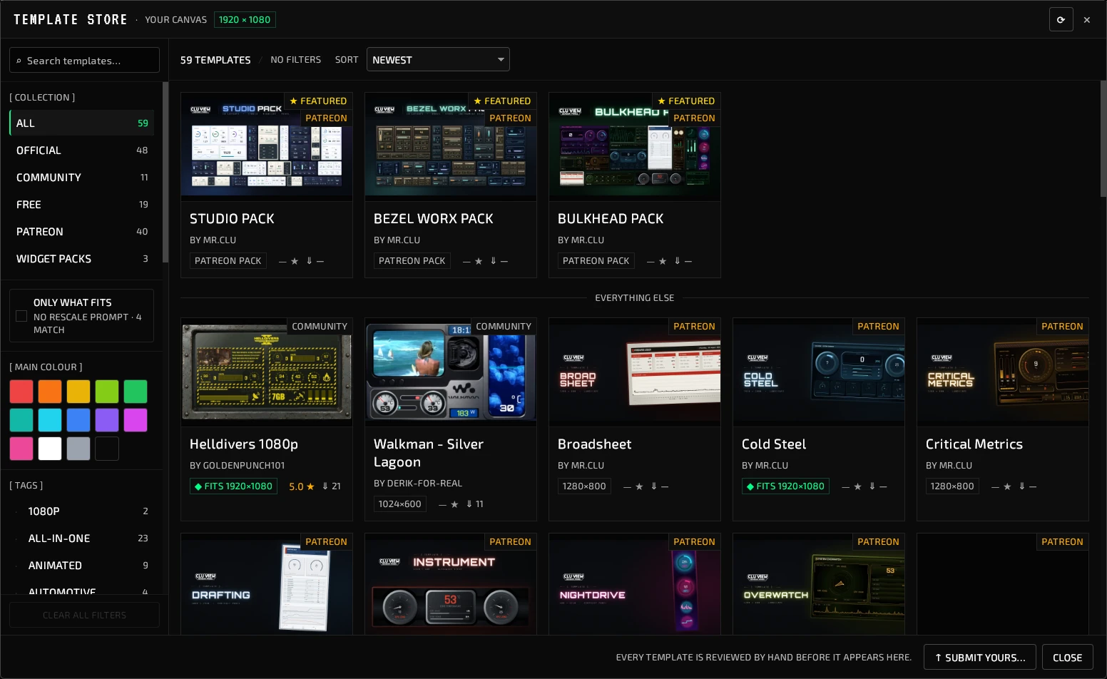 CLU VIEW Template Store: templates and widget packs with colour, tag and fit filters