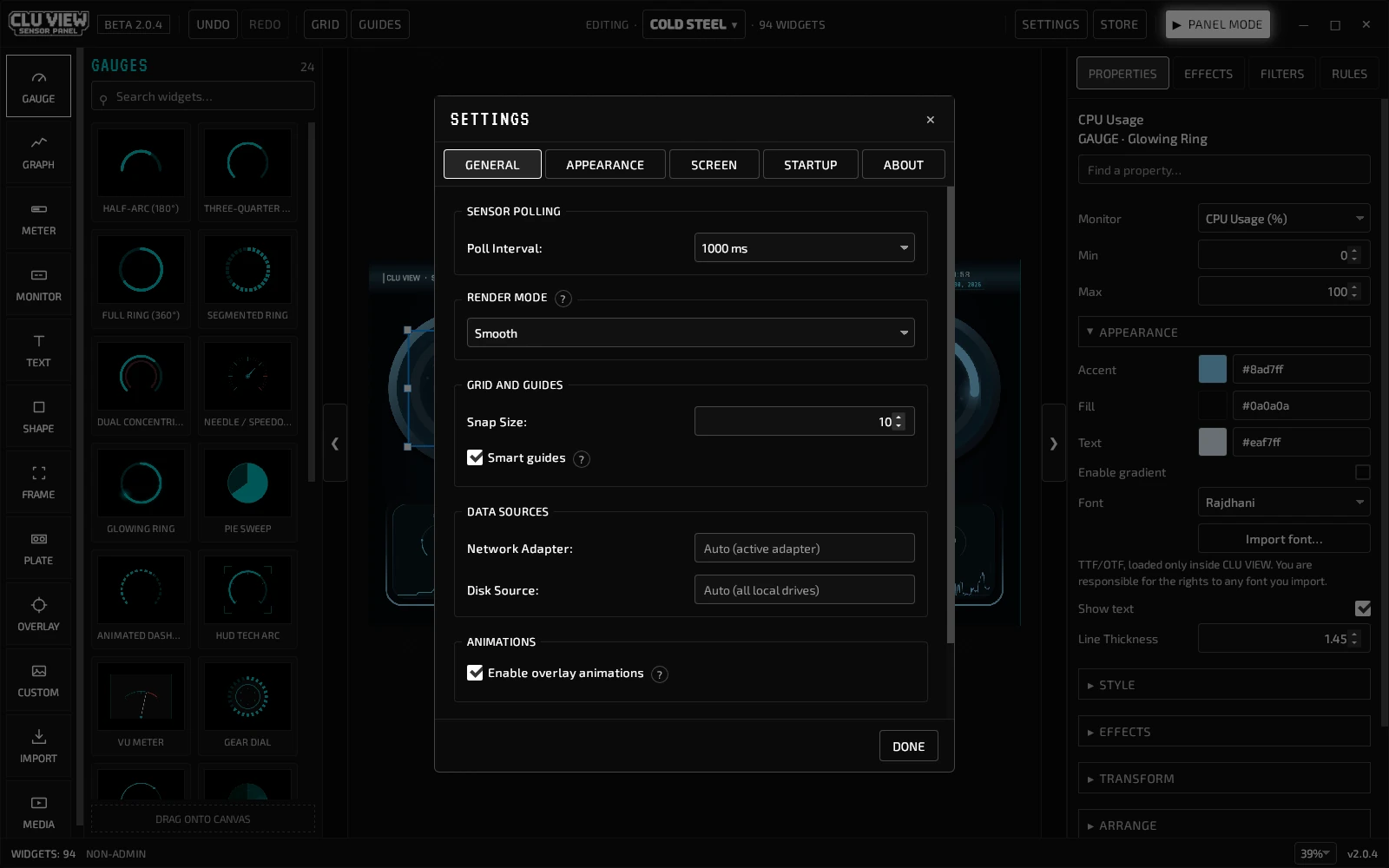 CLU VIEW General settings showing poll interval and render mode