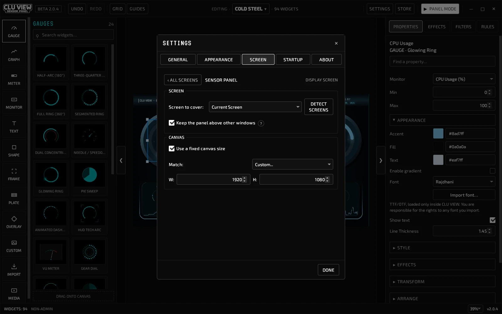 CLU VIEW Screen settings showing canvas size and the target display