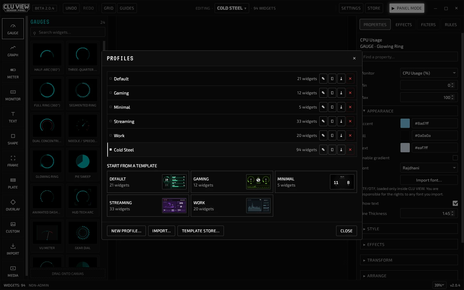 CLU VIEW profile selector showing saved profiles, templates, new profile and import actions