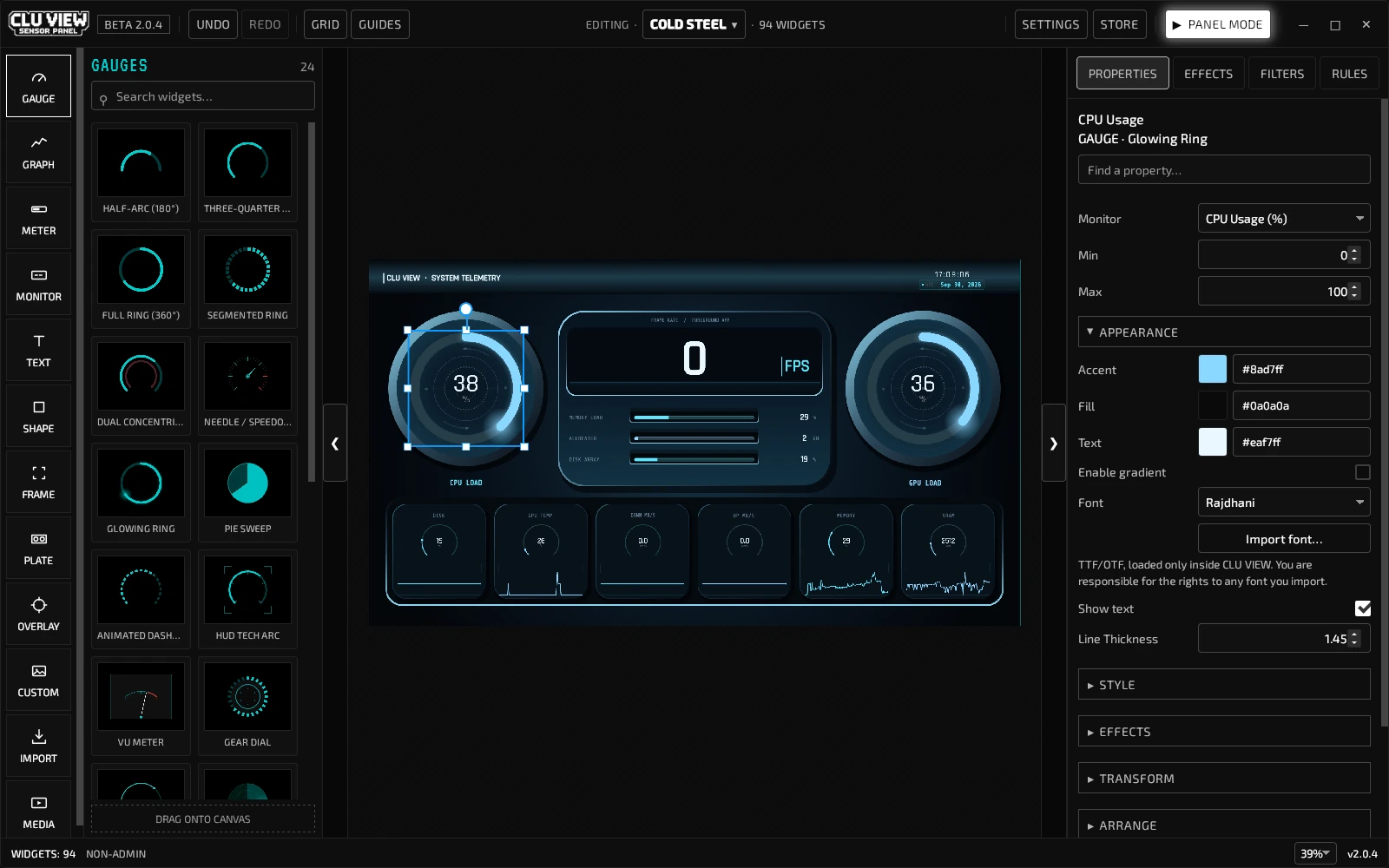 CLU VIEW editor with its widget library, panel canvas and properties controls