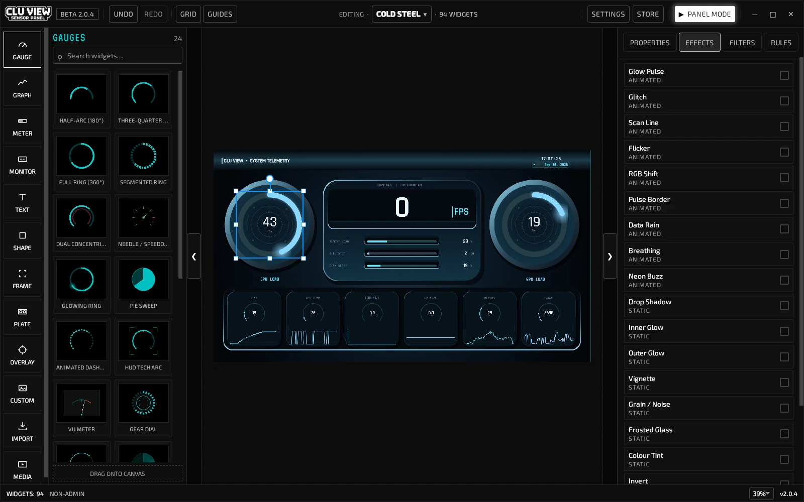 CLU VIEW Effects panel listing optional per-widget visual effects