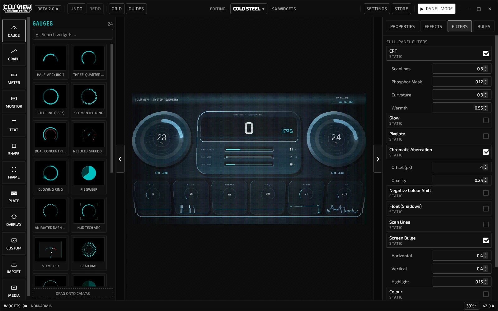 CLU VIEW Filters panel listing canvas-wide post-processing filters