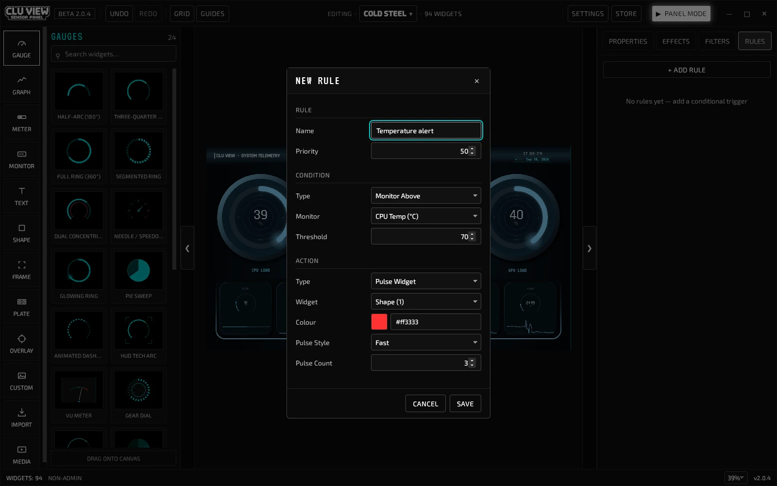 CLU VIEW New Rule window configured to pulse a widget when CPU temperature exceeds 70 degrees
