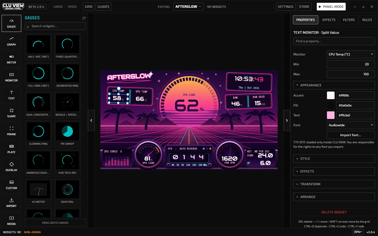 CLU VIEW 2.0.4 editor with the Afterglow layout and populated sensors