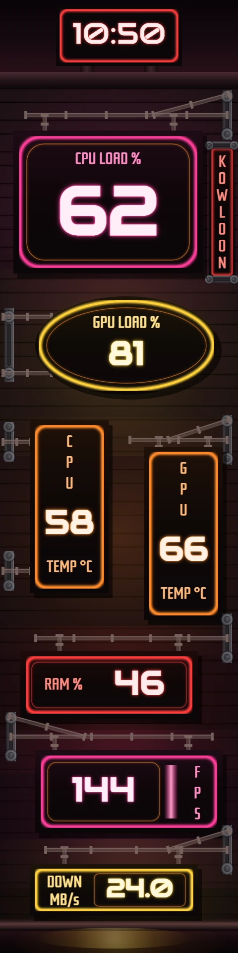 Kowloon 480x1920 vertical sensor panel with hardware readings