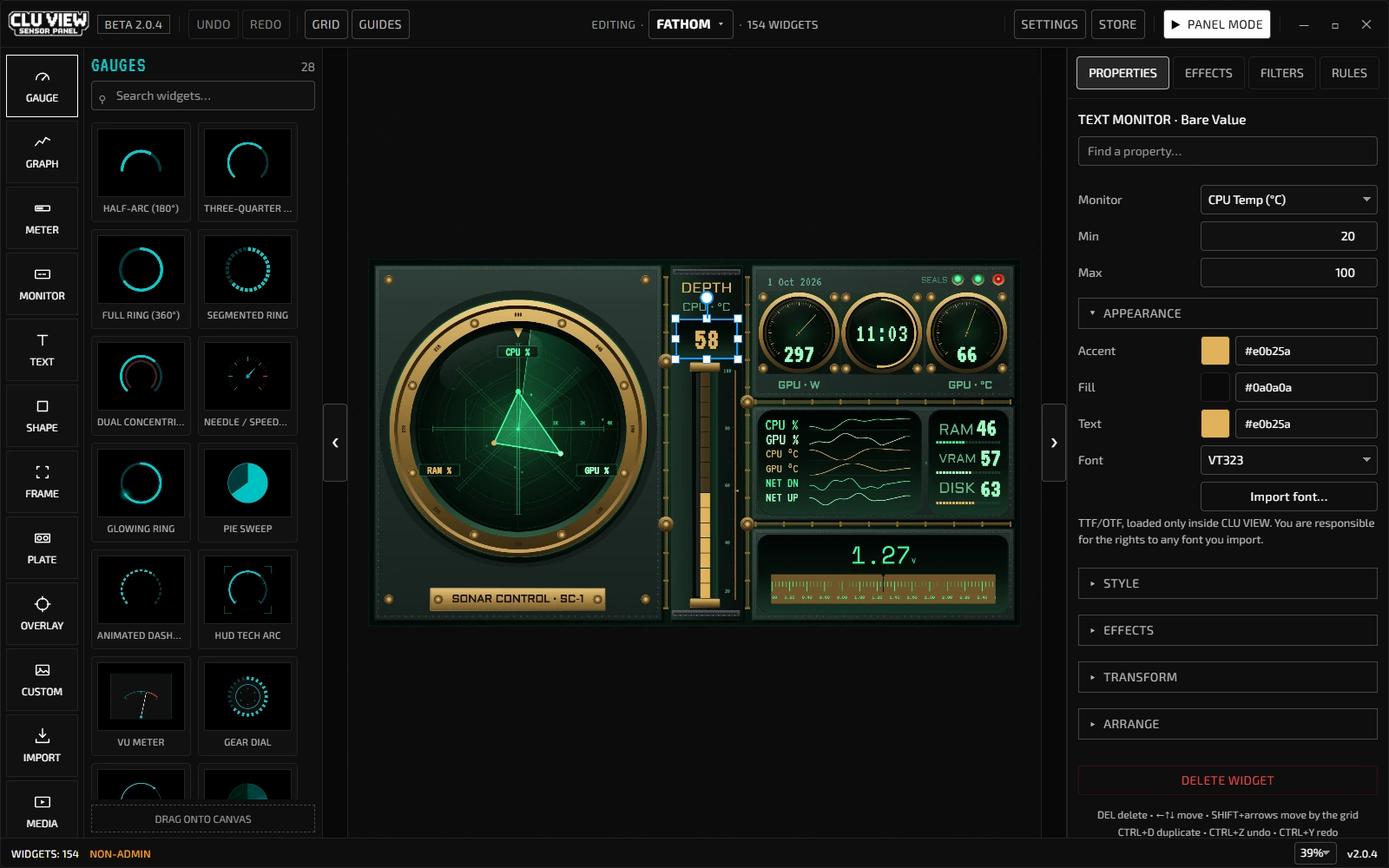 CLU VIEW editor with the Fathom sensor panel and populated graphs