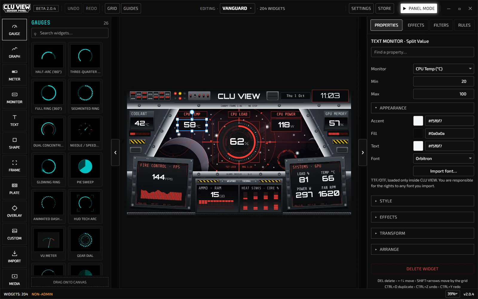 CLU VIEW 2.0.4 editor with Vanguard and populated sensor readings