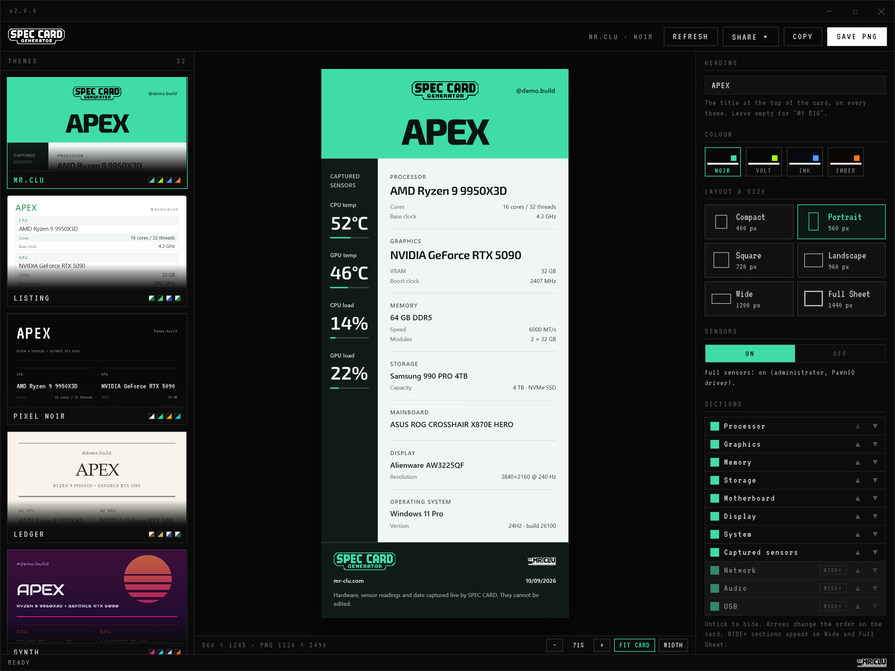 SPEC CARD app showing the MR.CLU Noir theme, the theme gallery and layout controls
