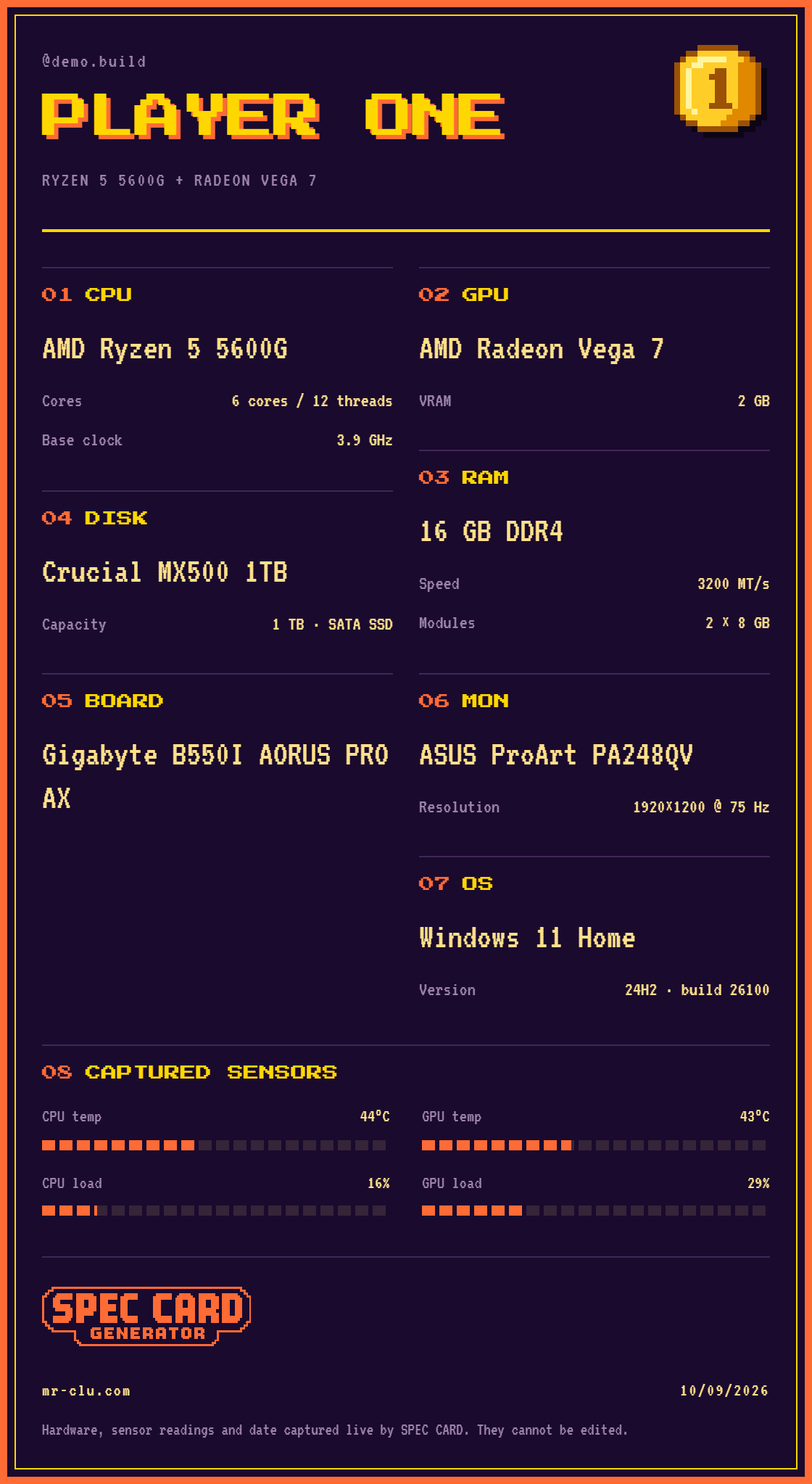 Arcade theme in Sunset, Portrait layout, showing a sample AMD Ryzen 5 5600G and AMD Radeon Vega 7 build