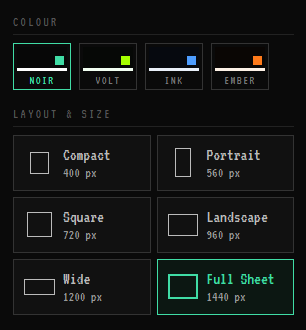 Colour and six layout sizes