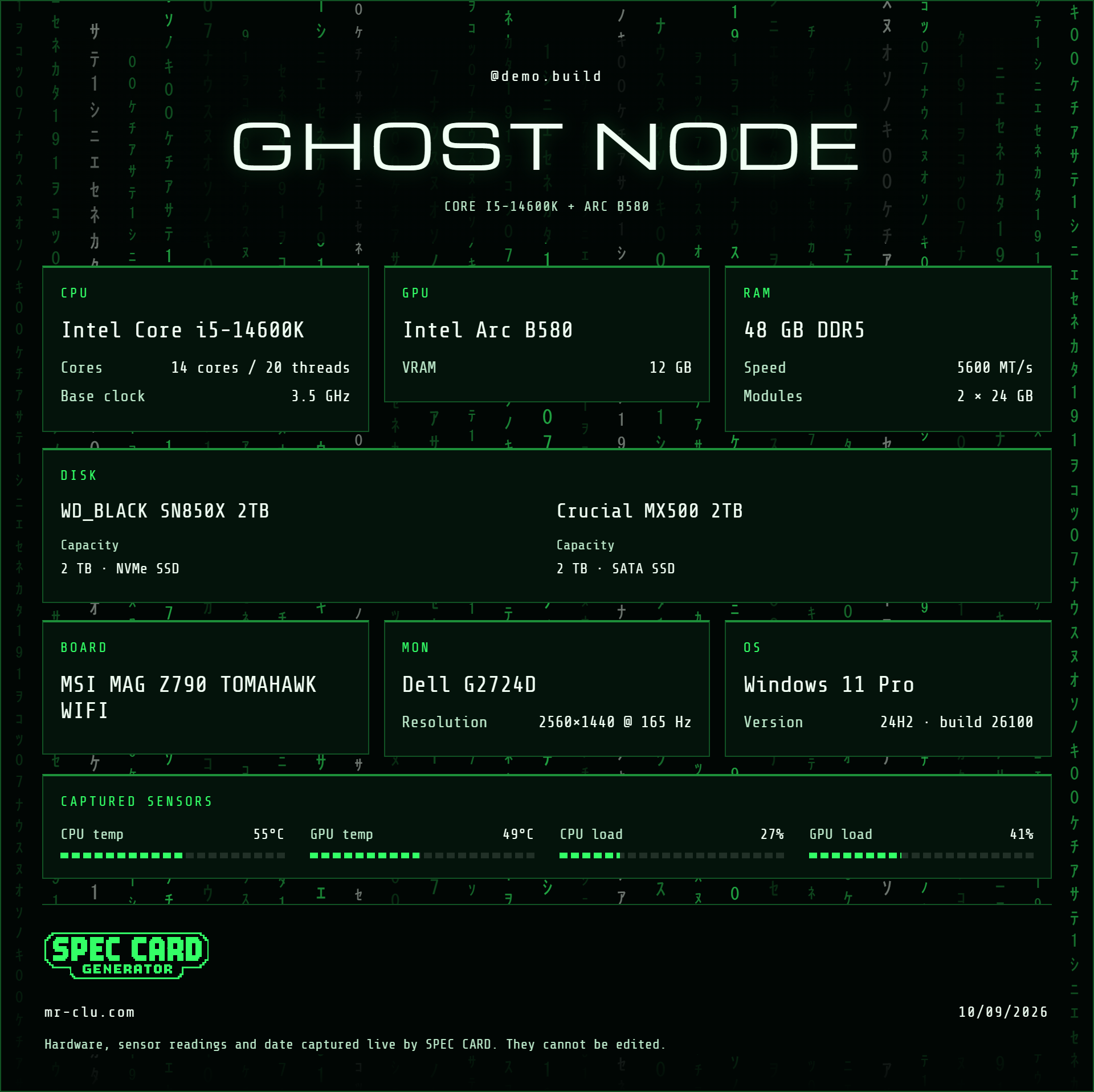 Matrix theme in Green, Landscape layout, showing a sample Intel Core i5-14600K and Intel Arc B580 build