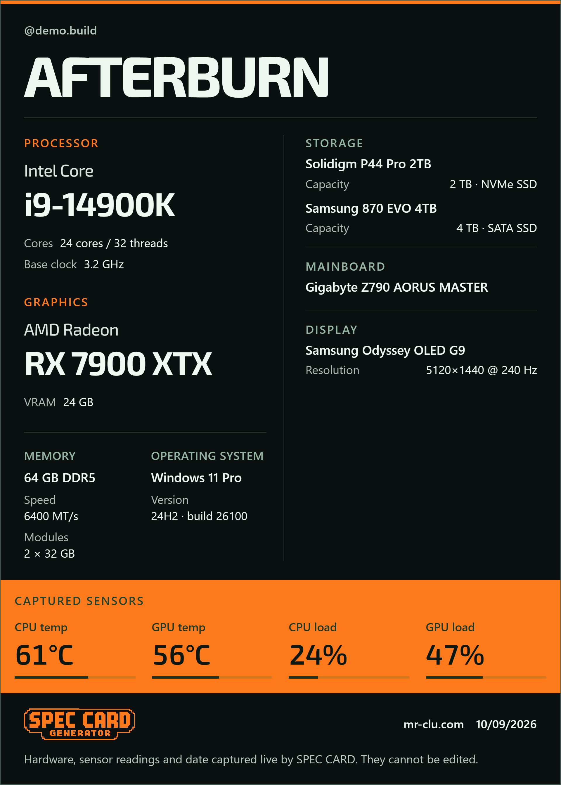 Monolith theme in Ember, Landscape layout, showing a sample Intel Core i9-14900K and AMD Radeon RX 7900 XTX build