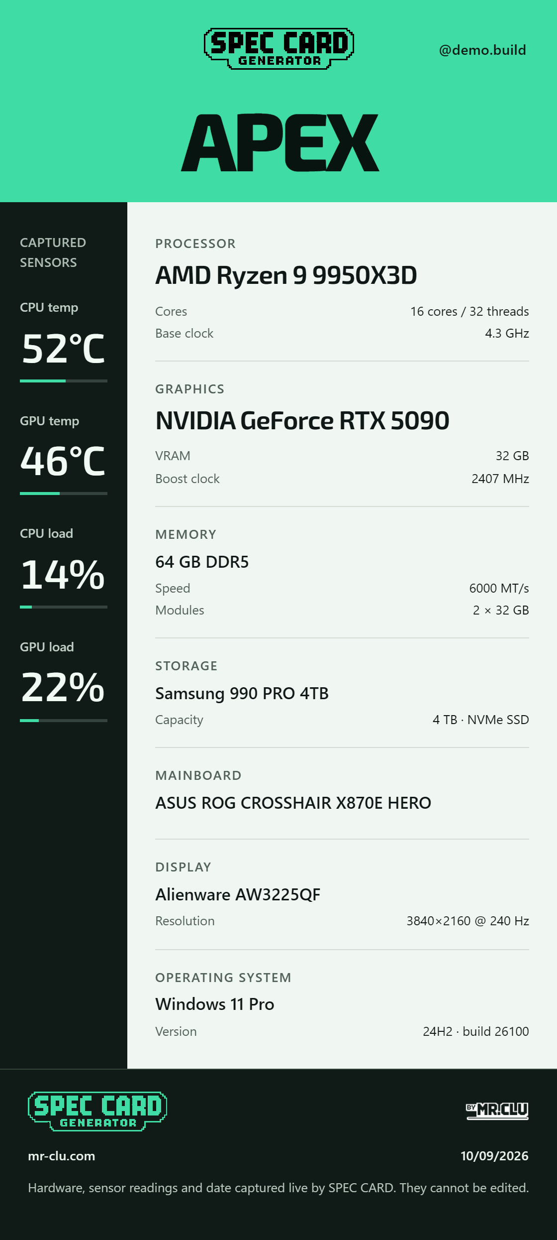MR.CLU theme in Noir, Portrait layout, showing a sample AMD Ryzen 9 9950X3D and NVIDIA GeForce RTX 5090 build