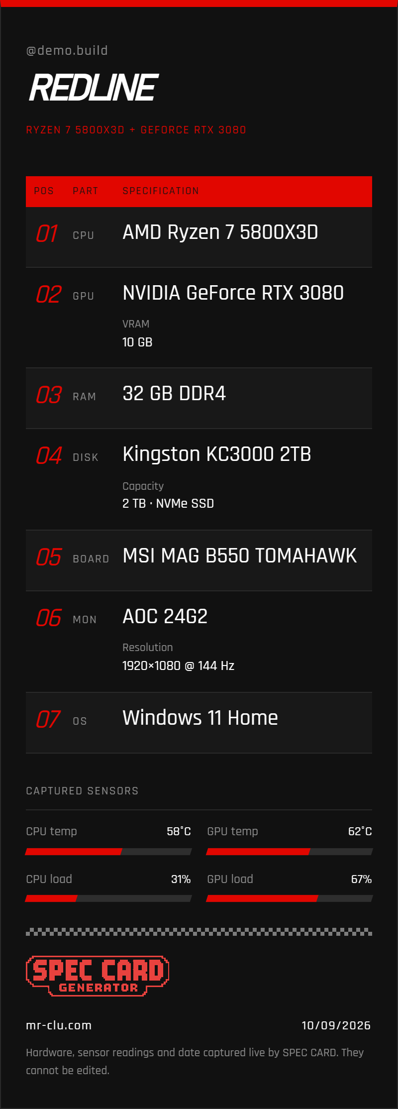 Racing theme in Red, Compact layout, showing a sample AMD Ryzen 7 5800X3D and NVIDIA GeForce RTX 3080 build