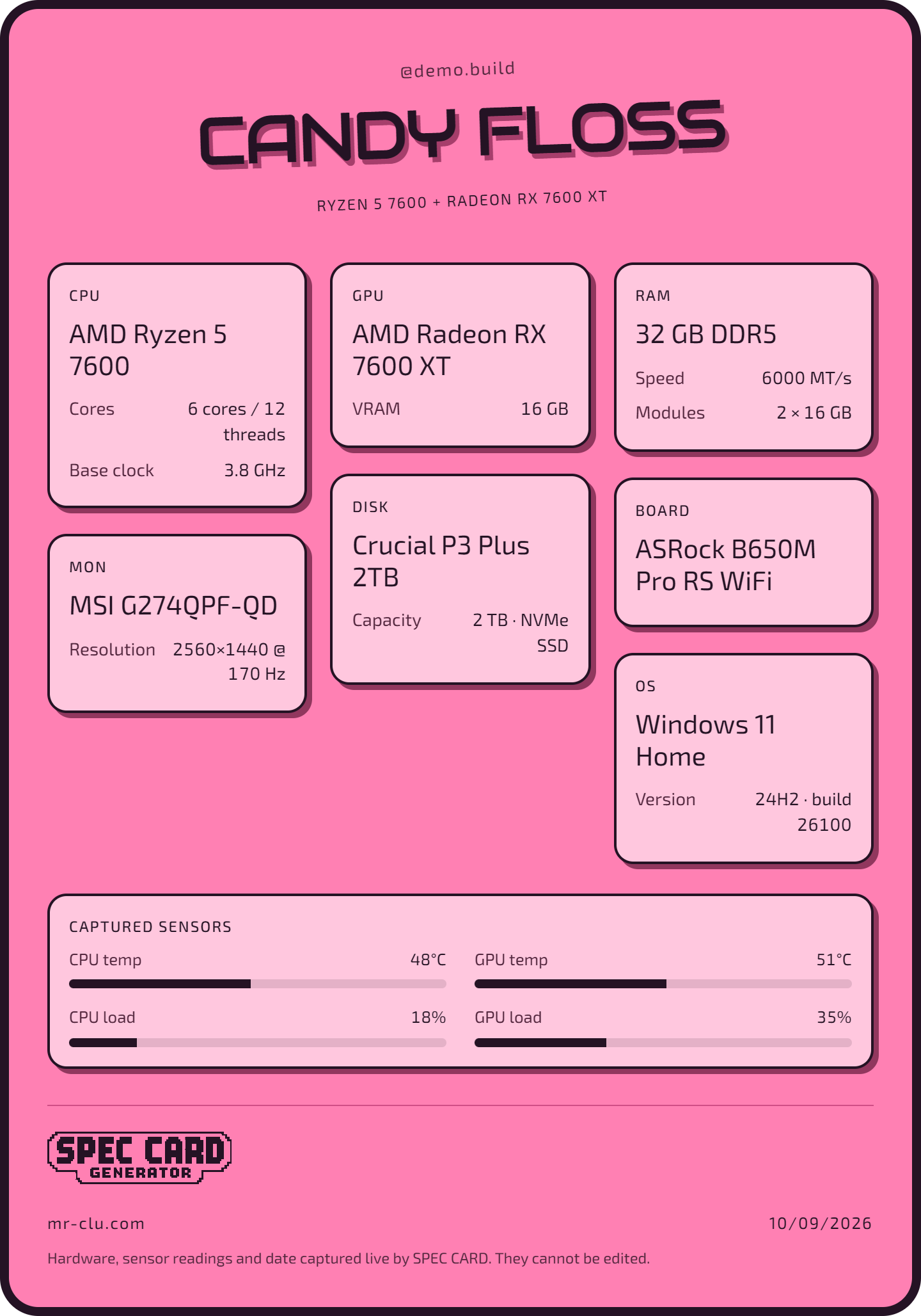 Sticker theme in Bubblegum, Square layout, showing a sample AMD Ryzen 5 7600 and AMD Radeon RX 7600 XT build