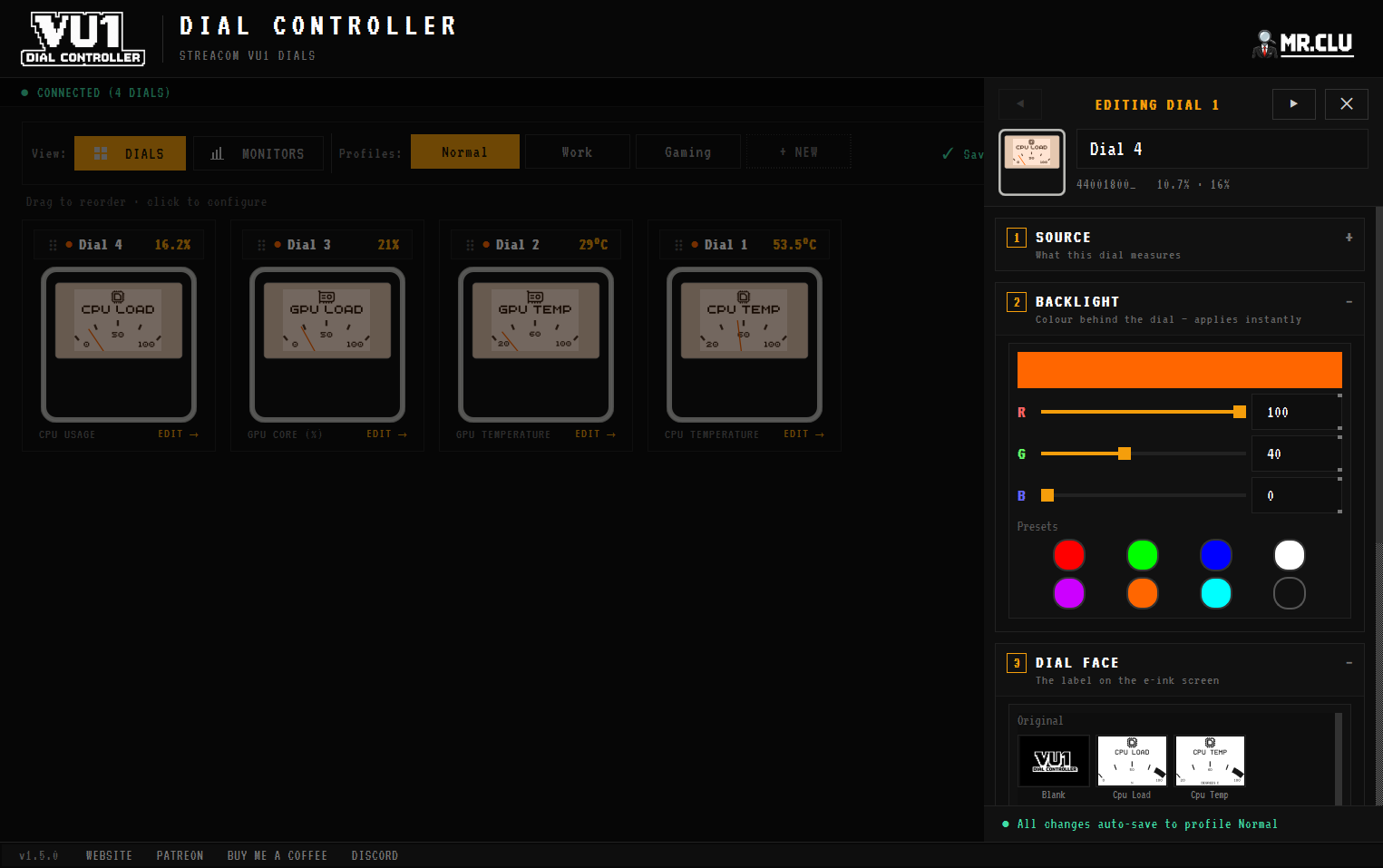 RGB backlight colour control with presets