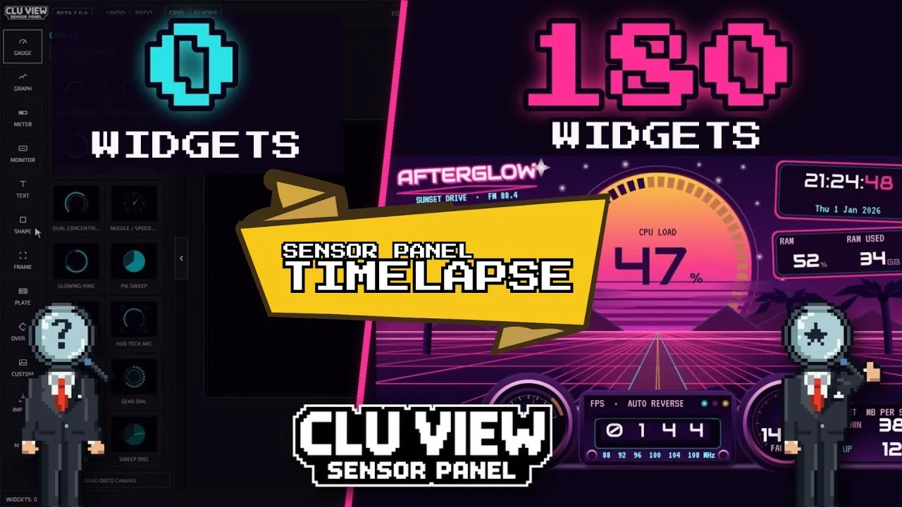 Video thumbnail: the CLU VIEW editor at 0 widgets beside a finished 180-widget synthwave sunset panel